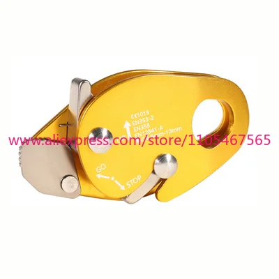 The climbing descent device has self-braking stop, climbing rope, and a climbing gear to hold the peak