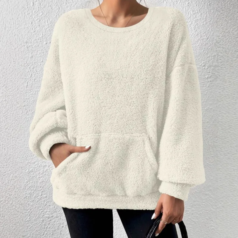 

Casual Fashionable Womens Hoodie 2025 Autumn/Winter Solid Color Long-sleeved Pullover Round Neck Pocket Loose Comfortable Hoodie