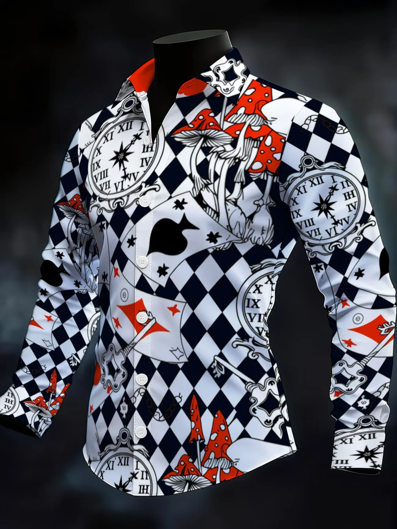 New black and white checkerboard Alice element full print men's long sleeved shirt retro style casual flower shirt