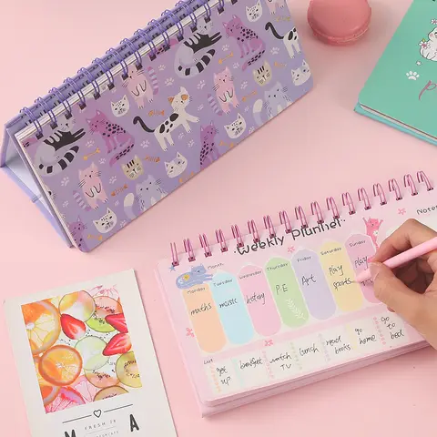 귀여운 고양이 주간 플래너 데스크 캘린더 할 일 목록 메모가 포함된 52주 학생을 위한 중요한 알림 나선형 바운드 주최자