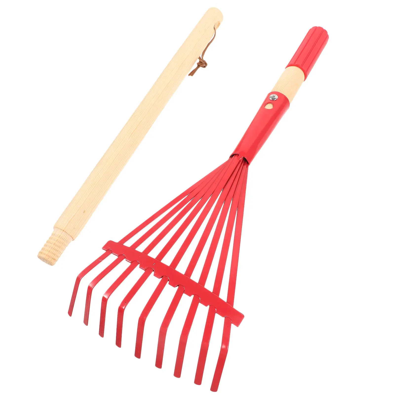 Removable Wooden Handle Rake Red Small Leaf Detachable Lightweight Gardening Tools Yard Rake Metal Lawn Maintenance