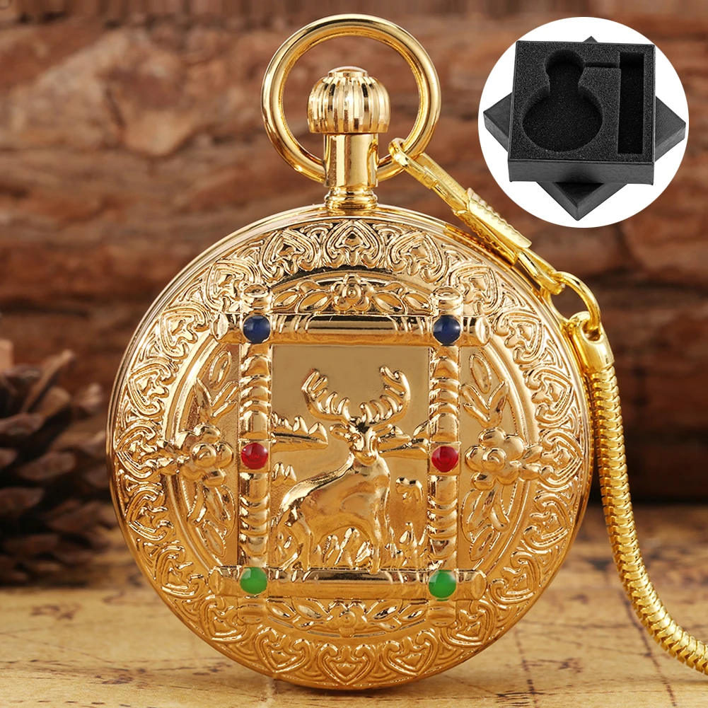 Luxury Gold Copper Elk Relief Sculpture Automatic Mechanical Men's Pocket Watch Snake Type Pocket Chain Double Sides Open Cover