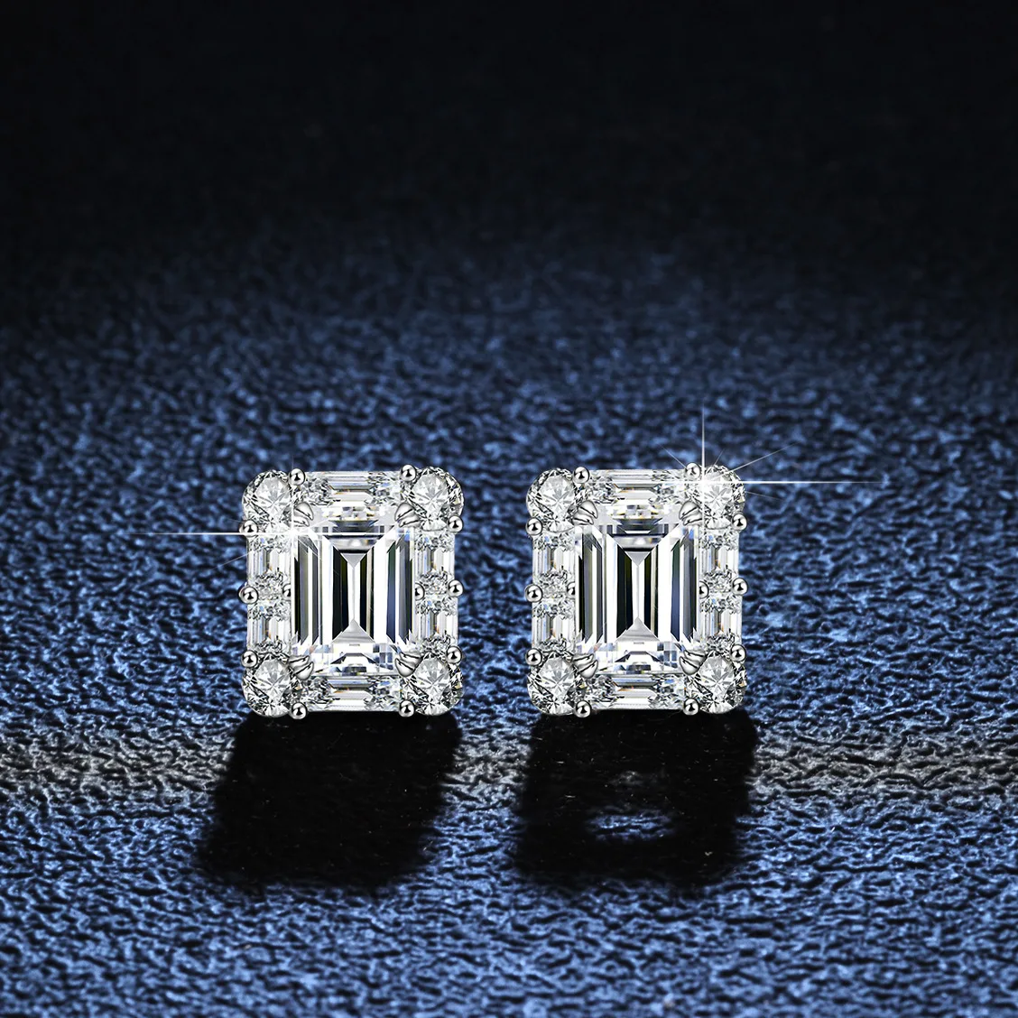 

S925 Rhodium Plated Silver 4CT D Color Moissanite Four Prong Emerald Cut Ear Studs for Women, Exquisite Jewelry
