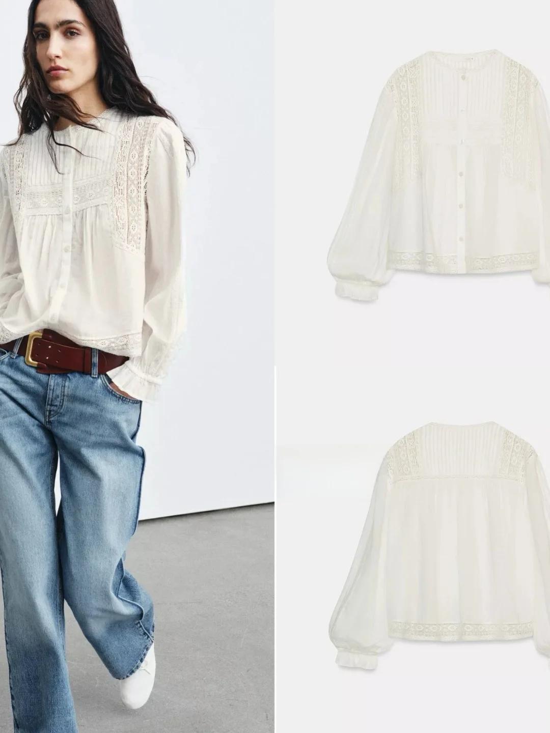 Elegant Lace Patchwork Bubble Sleeve Embroidered Shirt Women's Hollow Design Slimming Versatile Top URCACHE Summer 2026