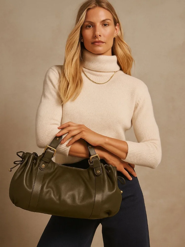 2025 New Large Capacity Soft Leather Pleated Women's Handbag Retro Commuting Tote Bag Texture Shoulder Crossbody Bag