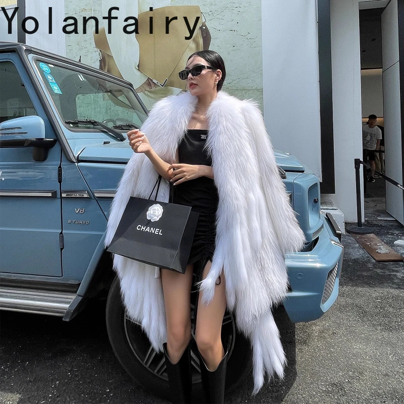 YOLANFAIRY Autumn and Winter Imported fox fur  Thickened street-style woven mid-length fringed fur coat шубаженская 2025