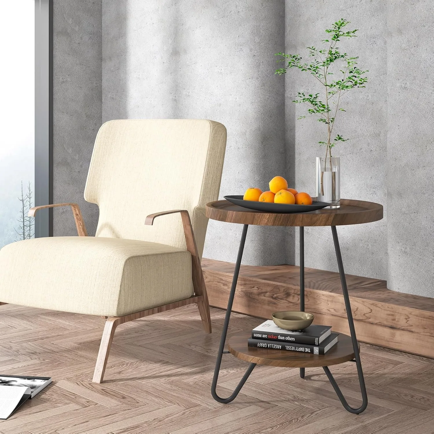 #LITTLE TREE Round Side TableTier,Modern Industrial Beside Table, Small Accent Snack Table for Living Room Bedroom Small Space