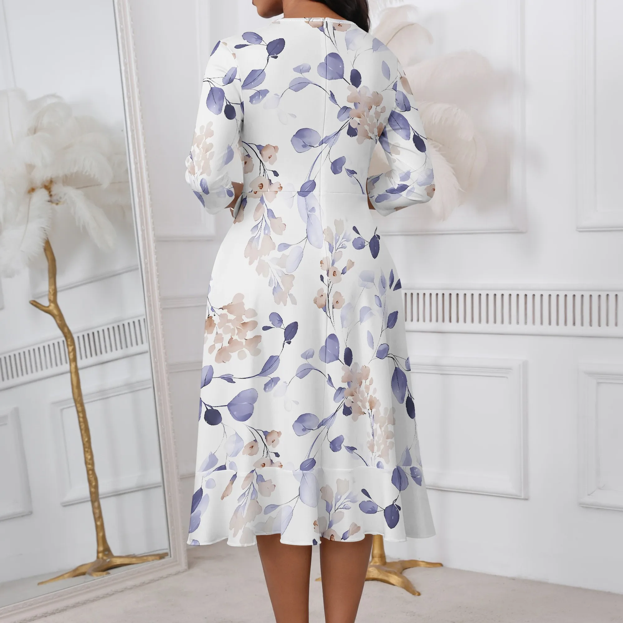 EQQZD 여성용 3/4 슬리브 V 넥 꽃 프린트 드레스, 포켓 및 러플 밑단이 있는 Boho Chic 여름 드레스