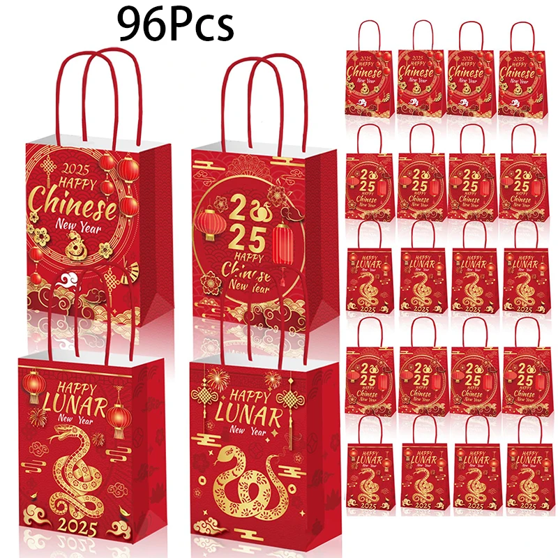 96Pcs 2025 Chinese Snake New Year Year Gift Bags with Handle Paper Red Bags Party Treat Bags for Zodiac Present Packaging Bags