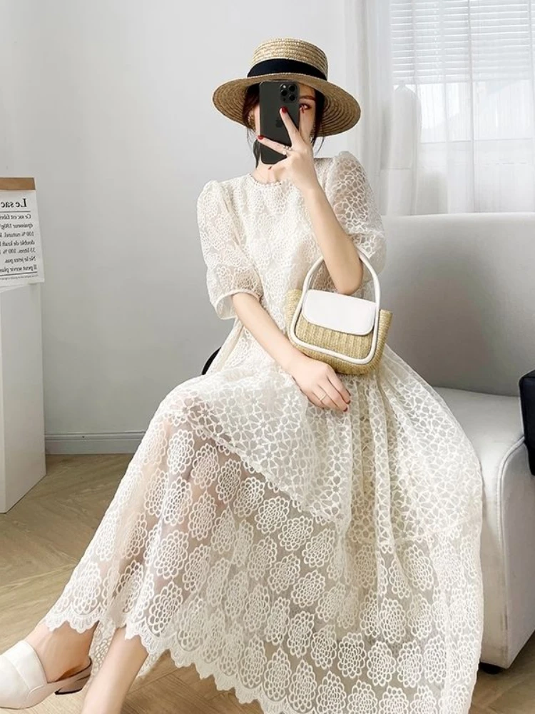 Elegant Round Neck Lantern Sleeved Long Dress Women Causal Loose Lace Hollow Out Dresses New Summer Female Street Robe