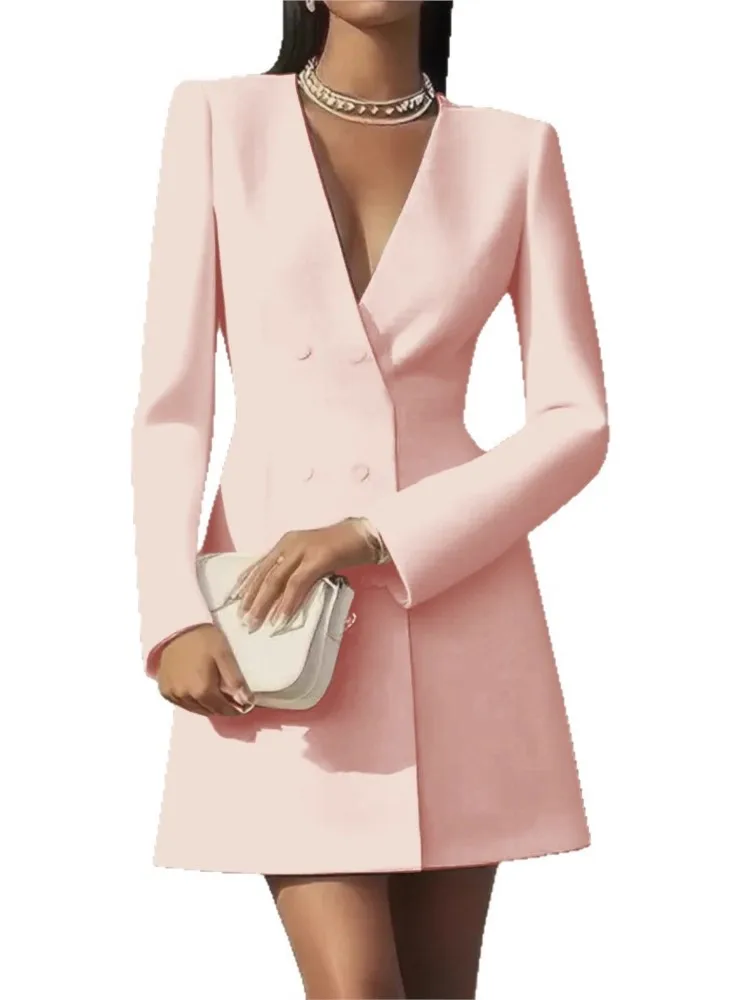 Elegant Dress For Woman Solid Color V-neck Long Sleeves Double-row Buckle Mini Dresses Spring Autumn Lady Fashion Party Vestidos