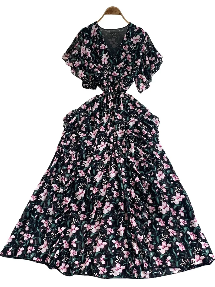 ビーチバケーションロングVネック細見えウエストスカート レディース 夏 2025 新作 セクシー 花柄プリント シフォンAラインスカート