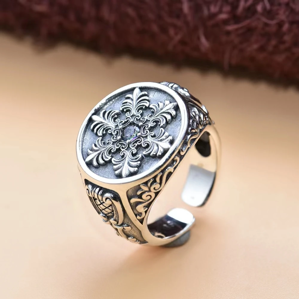 

S925 Sterling Silver Ring for Men's Wizard of Oz Sculpted Snowflake Craftsmanship, Original Design, Retro and Old Style