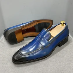 Classic Big Sizes Men's Penny Loafers Genuine Leather Blue/Brown Handmade Slip-On Business Dress Shoes Male Footwear