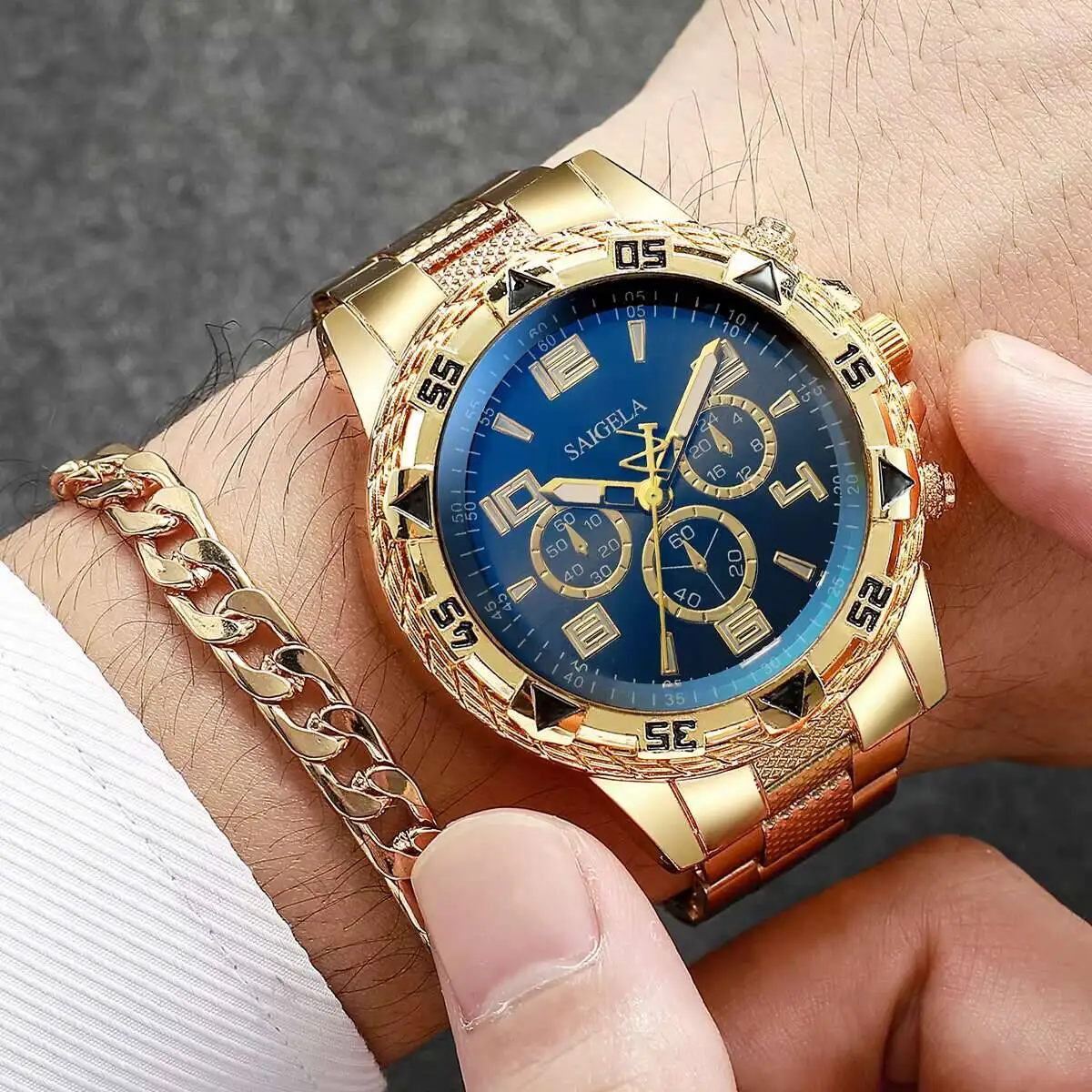 2 قطع أزياء رجالي الفولاذ المقاوم للصدأ الساعات الفاخرة الكوارتز ساعة اليد رجال الأعمال الساعات سوار مجموعة Reloj Hombre (بدون صندوق)