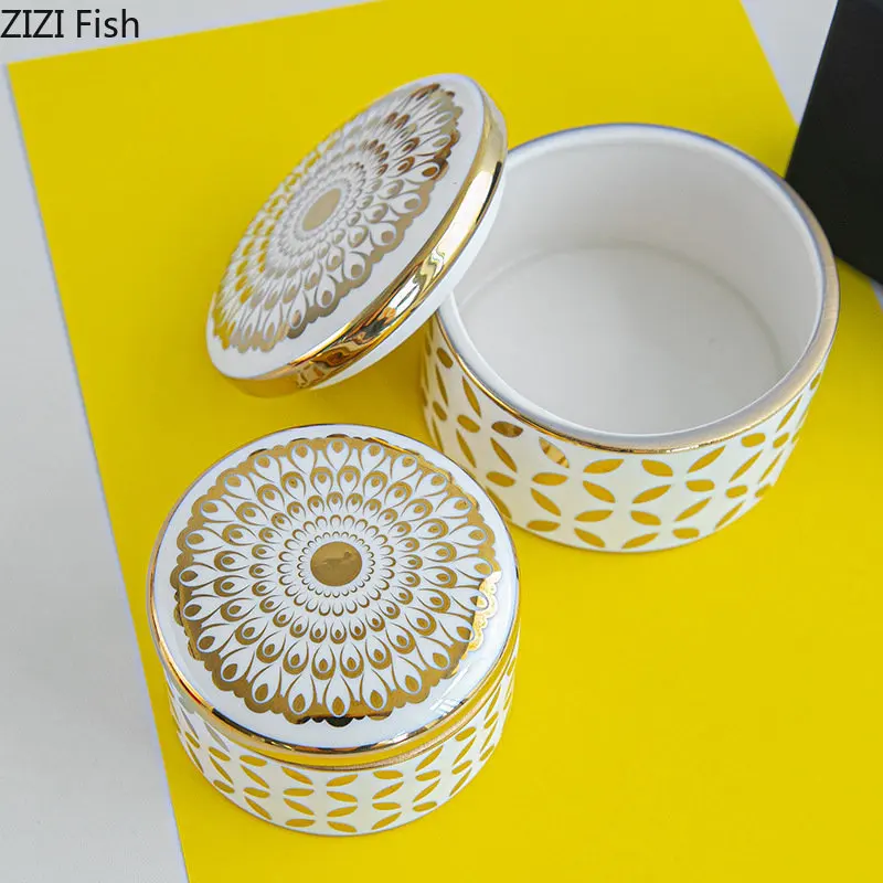 Gold Plated Pattern Storage Tank Tea Canister Minimalist Round Ceramic Storage Jar and Lids Candy Pots Porcelain Jewelry Box