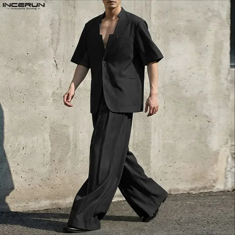 Herren-Sets, einfarbig, Streetwear, V-Ausschnitt, Kurzarm-Blazer und Hose, 2-teilige Sets, Herrenbekleidung, lockere Herrenanzüge, Sets für Herren, INCERUN