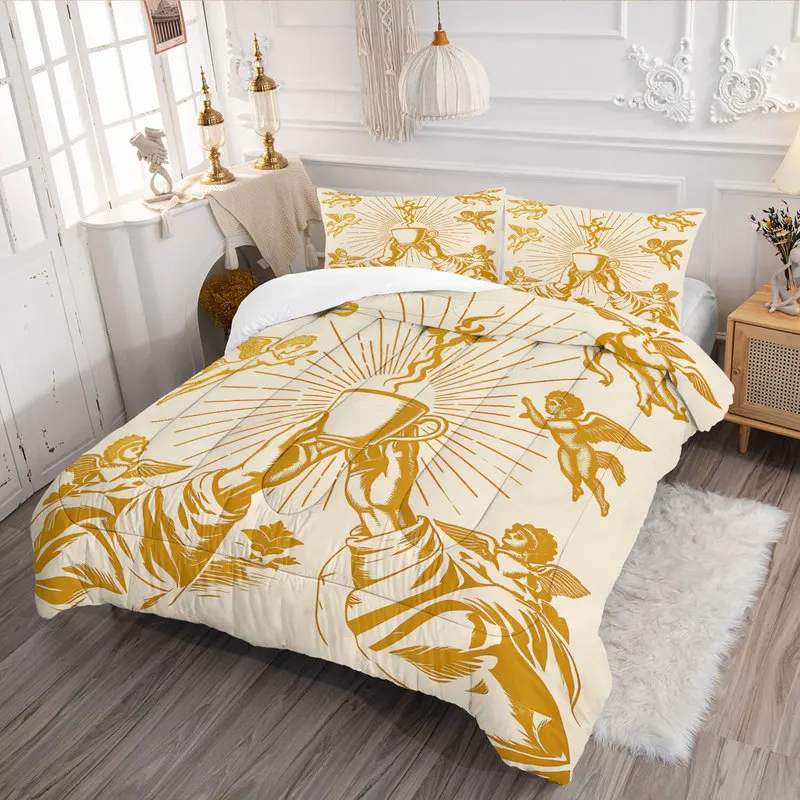 Unique Sacred Coffee Comforter Set Golden Sunburst Angel Hands Holding Coffee Cup Print Quilt Set Retro Bedding Set Home Decor