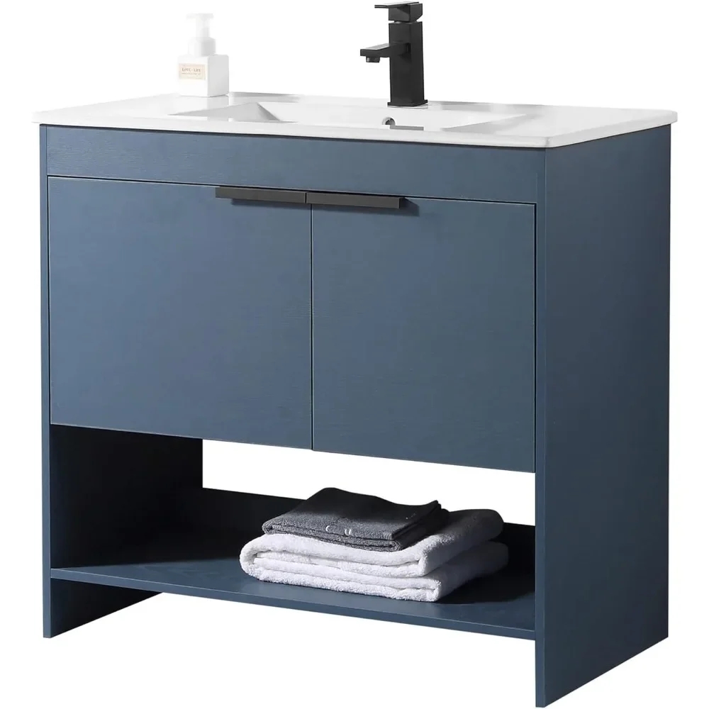 

Bathroom Vanity with Integrated Ceramic Sink - Bathroom Vanity with Sink & Modern Knob Design with Sturdy Marble Top (36 Inch)