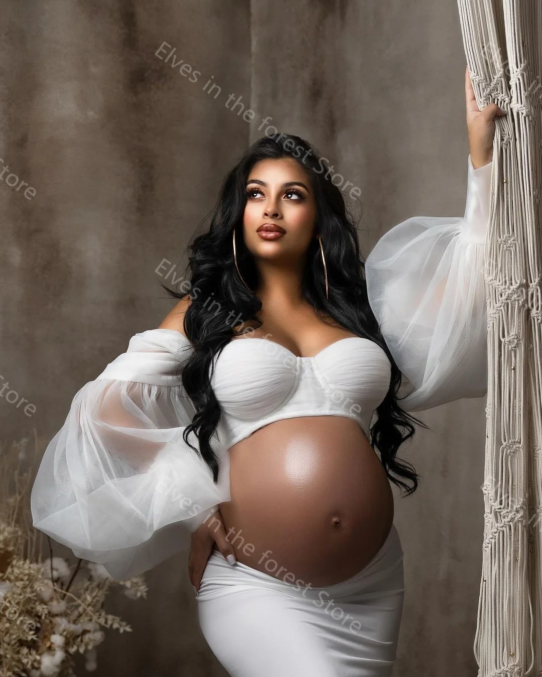 White Mermaid Maternity Robes for Photography 2 Pieces Off Shoulder Pregnant Women Robes Sexy Long Sleeves Evening Party Gowns