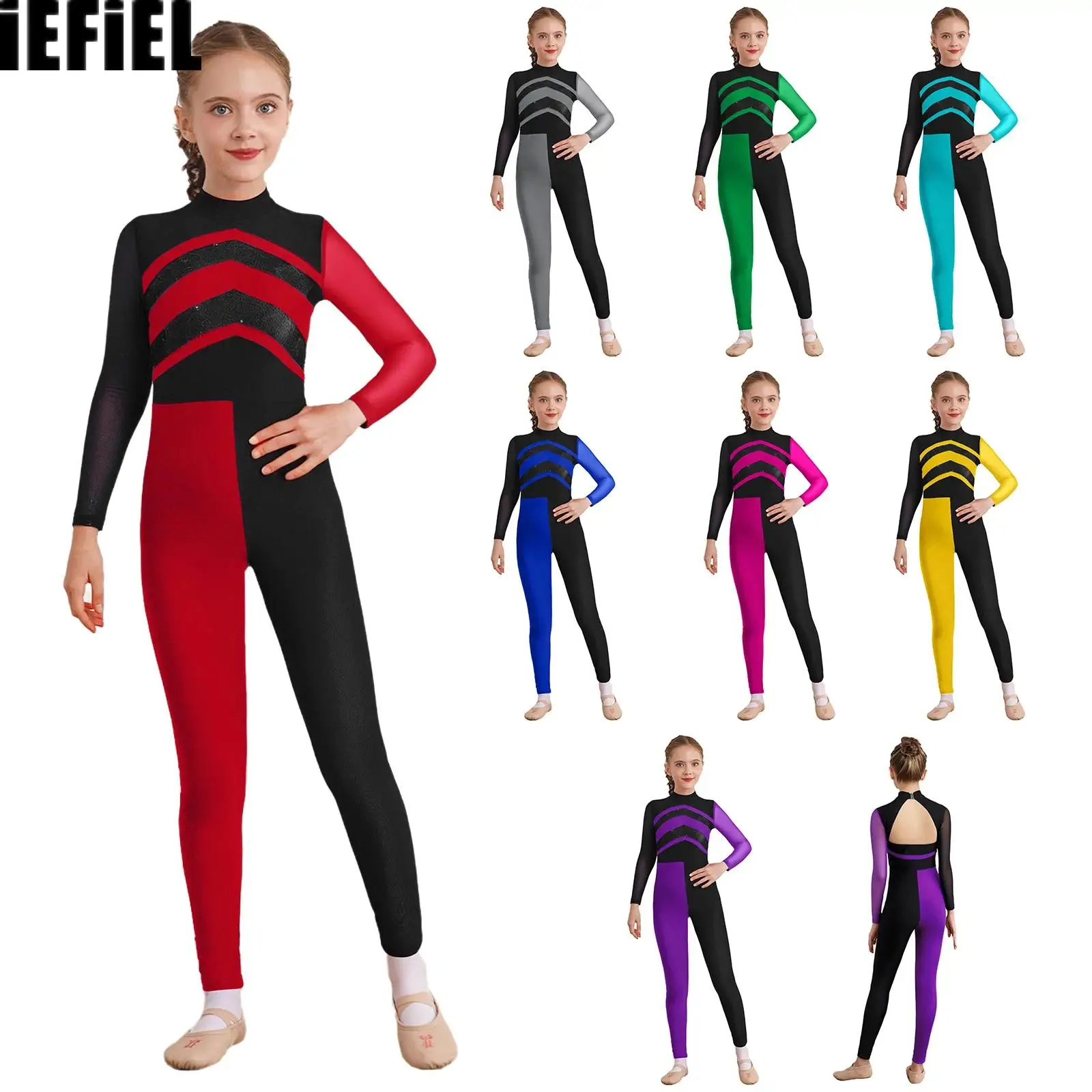 Body de baile con lentejuelas brillantes para niñas, mono de gimnasia con bloques de Color, mono con cuello simulado de malla transparente de manga larga con recorte en la espalda