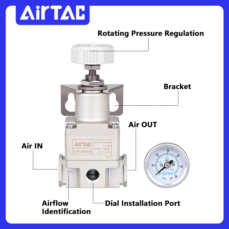 Zawór redukcyjny ciśnienia Airtac Pneumatyczny precyzyjny zawór regulacji ciśnienia GPR200-06/300-08/10/400-15H/LM