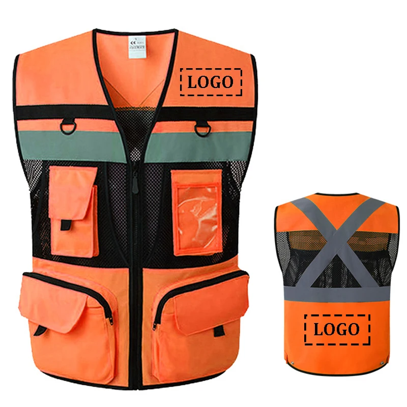 Safety Vest Reflective for Summer Logo Custom High Visibility Vest Orange Construction Work Clothes Vest Hi Vis Vest with Pocket