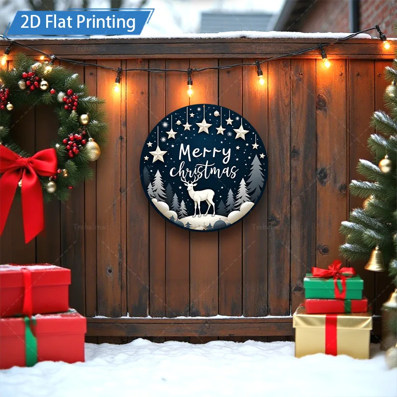 [2D FLAT] 1pc Metal Sign Christmas Deer Scene 2D Flat Print Metal Art Decor