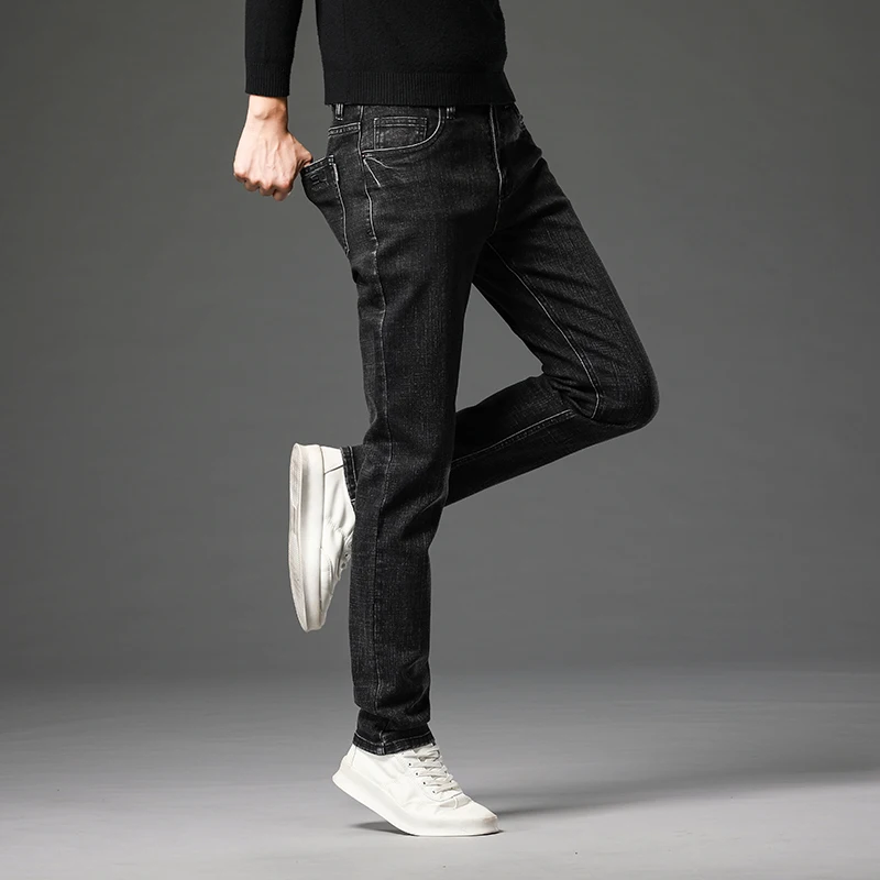 Vintage Classic Cotton Men\'s Casual Slim Jeans Stretch Straight Leg Versatile Fashionable Denim Long Pants Male Black Blue
