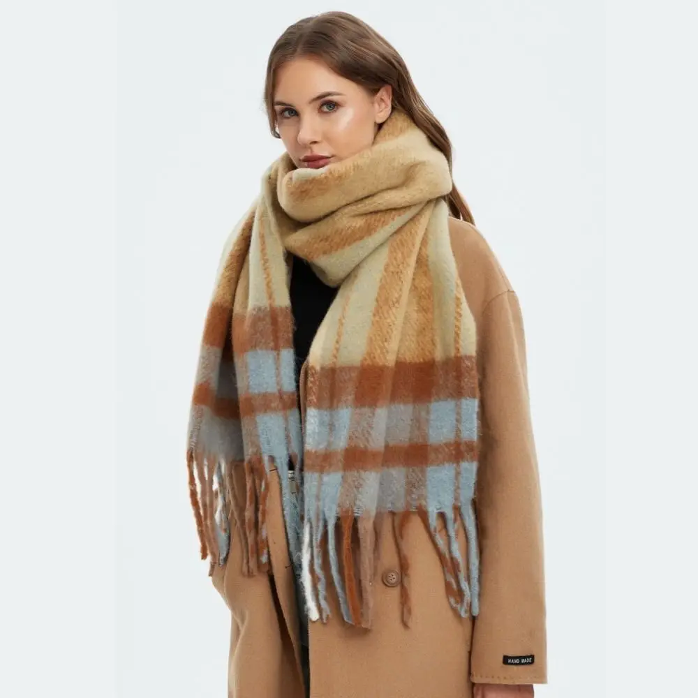 Elegant Mohair Plaid Wool Scarf Long Plush Winter Cashmere Scarves Imitation Cashmere Preppy Rainbow Tassel Shawl Autumn Winter