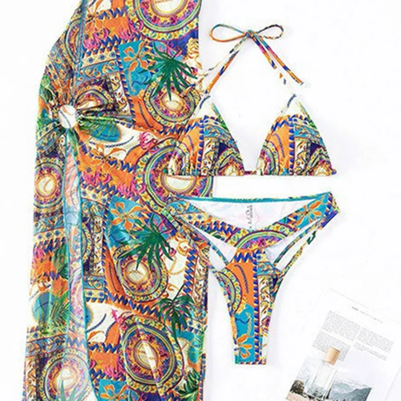 Retro Printing Swimsuit Women Bikini Set Sexy Lace Up Triangle Hollow Out Thong Micro Bikini One Shoulder Mesh Cover Up 3 Piece