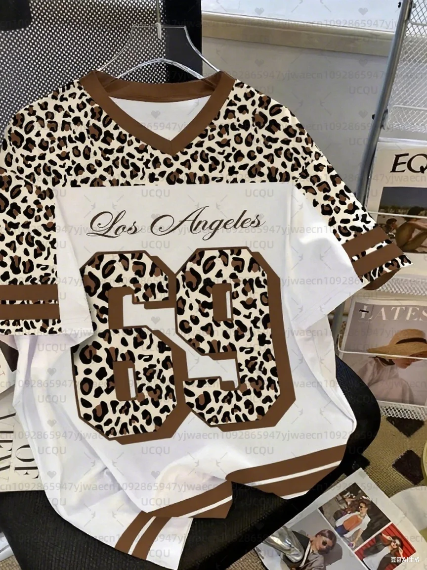 T-shirt sportiva da donna per ragazza e ragazzo Los Angeles NO.69 con stampa manica corta estiva T-shirt sportiva per adulti con stampa leopardata taglie forti