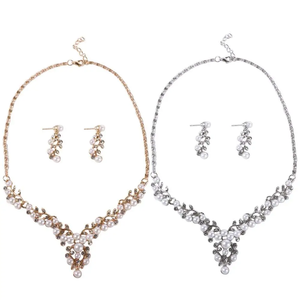 African Gifts Fashion Engagement Crystal Women Necklace Simulated Imitation Pearl Silver Plated Jewelry Sets Bridal Wedding