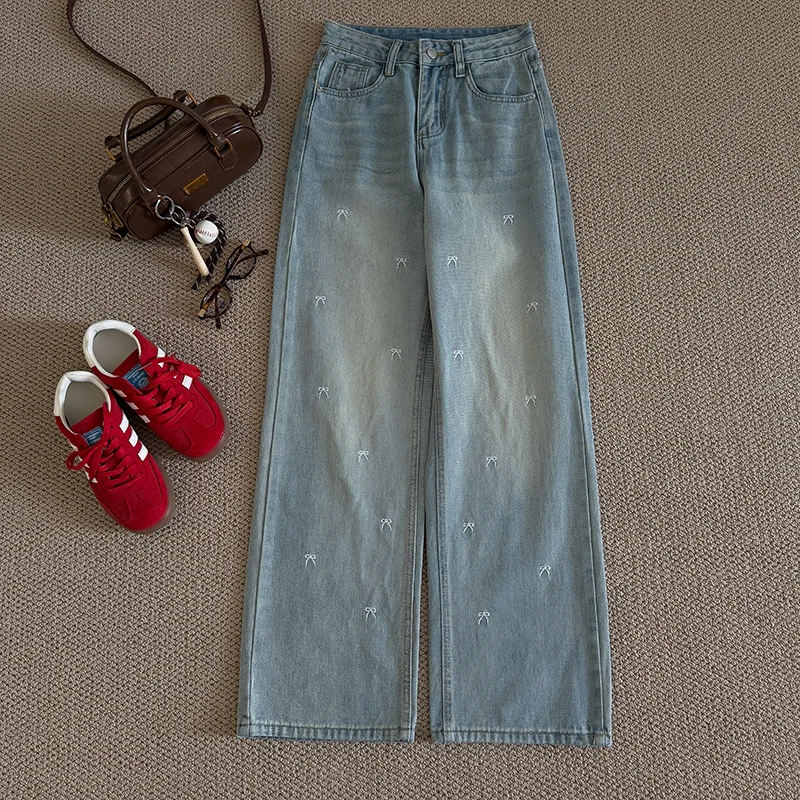 

Summer Bow Embroidered Jeans Women's Blue High Waisted Straight Leg Trousers Korean Casual Fashion Female Loose Denim Pants