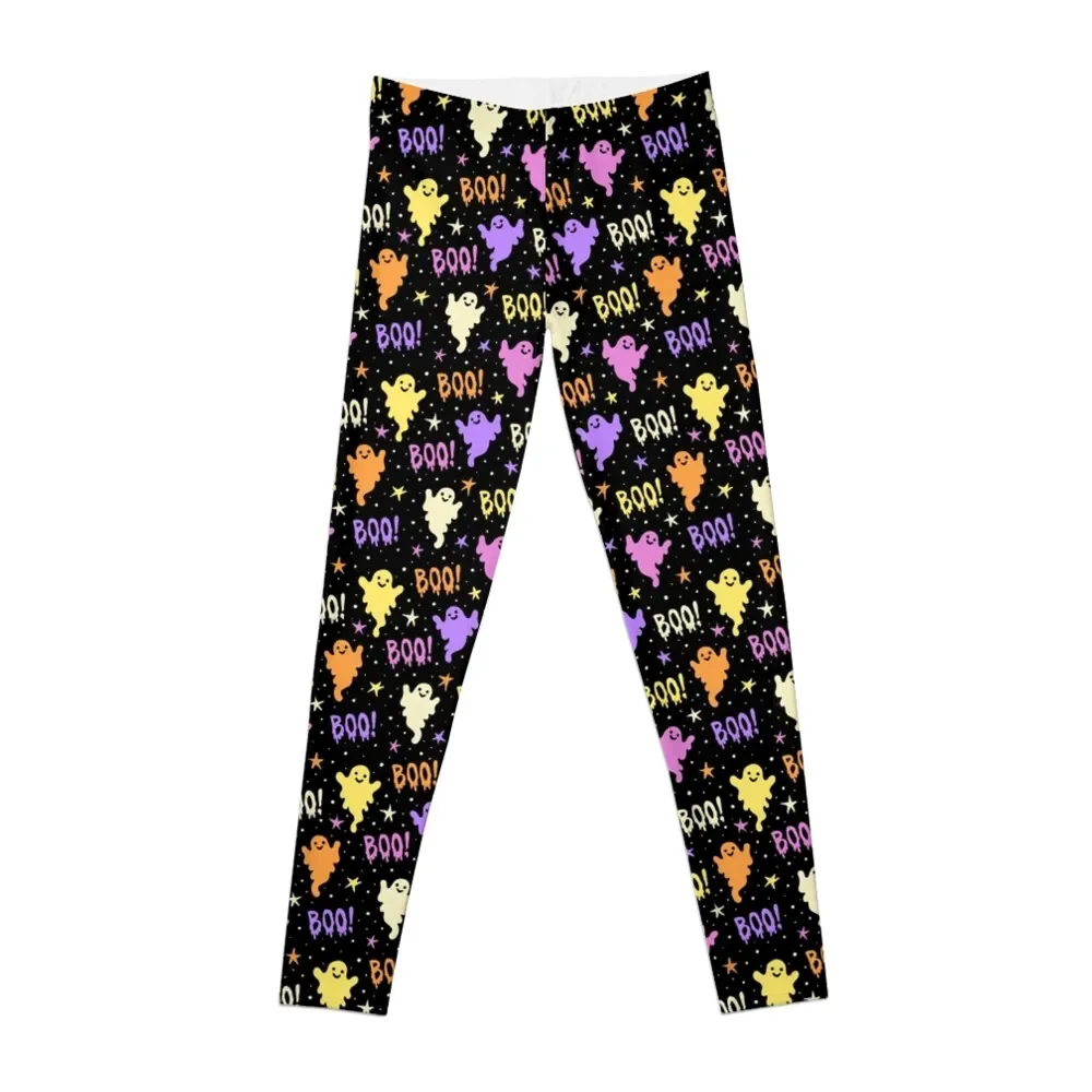 

Бу! Neon Ghosts on Black Leggings спортивные женские леггинсы для спортзала Женские леггинсы для спортзала