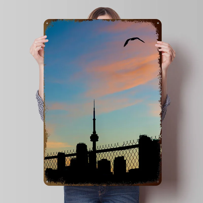 Toronto Skyline At Sunset With Bird Tinplate Poster Custom Wall Art Vintage Metal Signs Retro Tin Plaque for Office Decor Room
