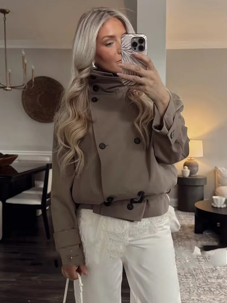 

2026 New Women Retro Casual Double Breasted Trench Coat Solid Color Stand Collar Lace Up Versatile Jacket Fashion Outerwears