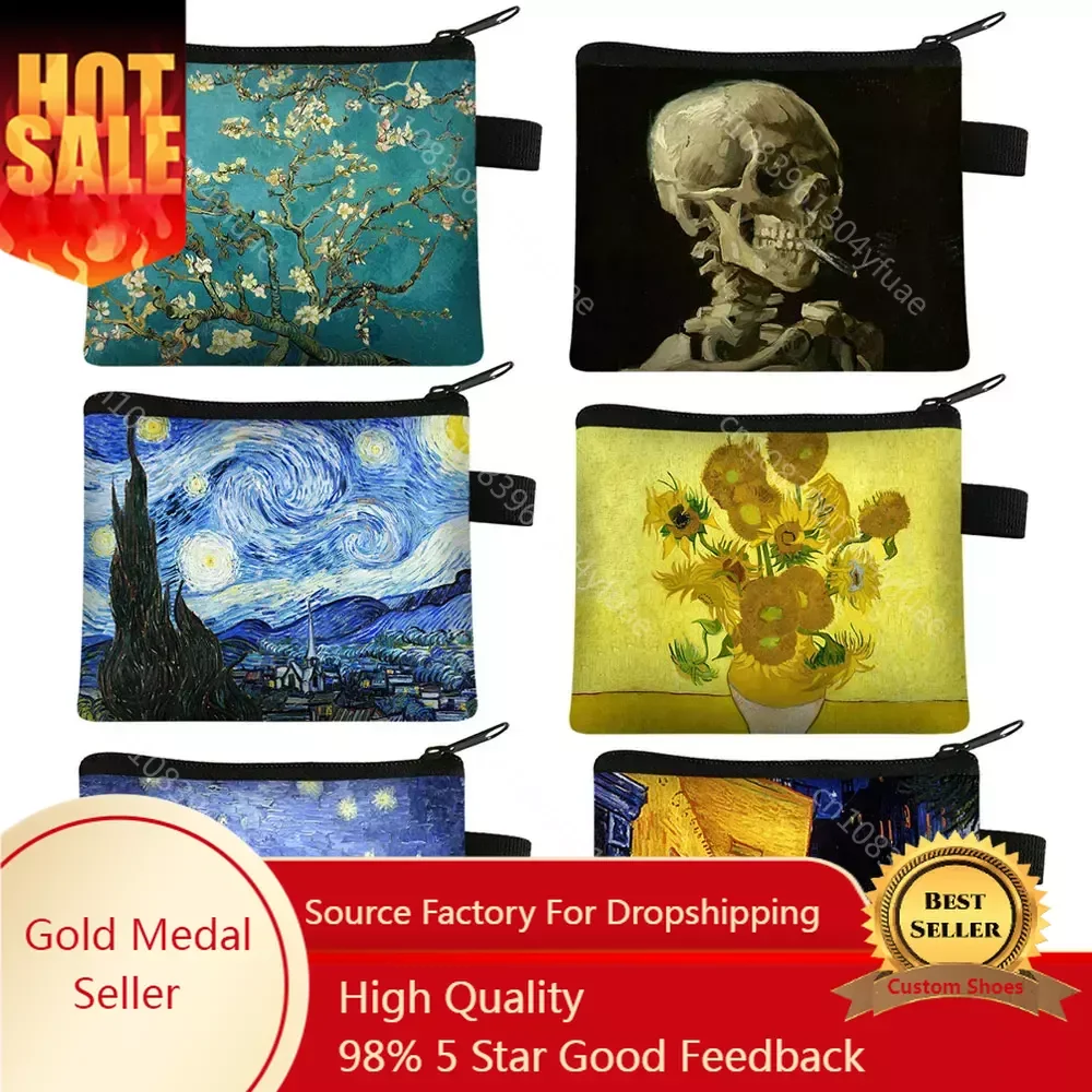 

Van Gogh Art Painting Coin Purse Sunflower Starry Night Skeleton Women Wallet Men Purses Money Coin Bags Credit Card holder Bag