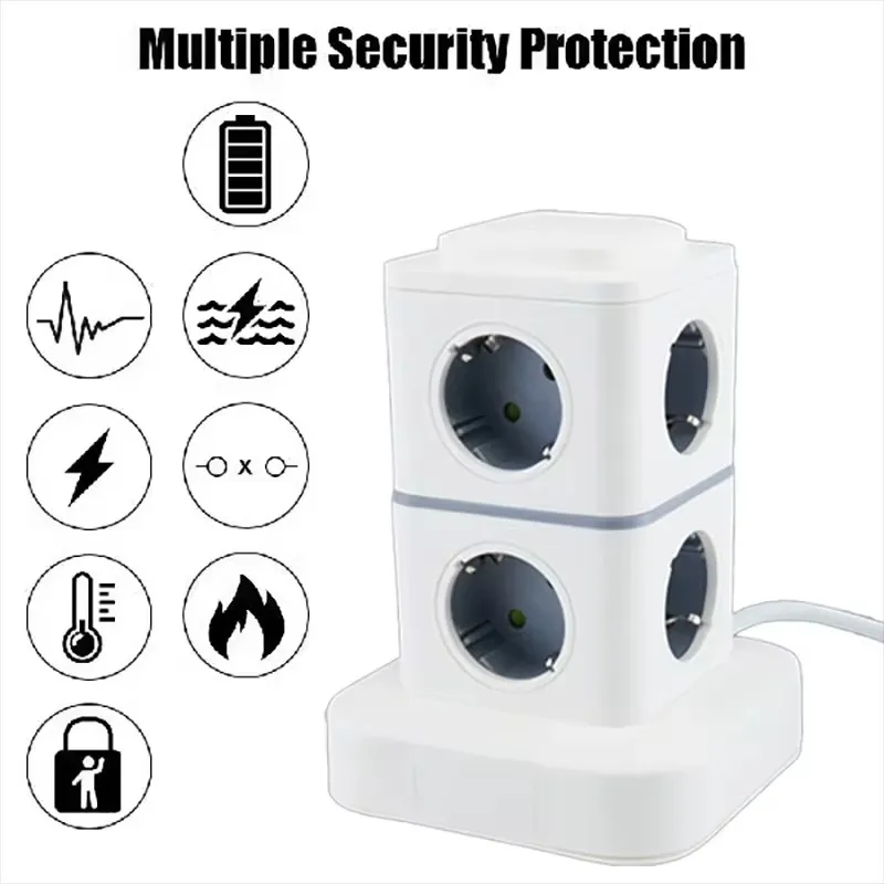 Tower Multiple Socket EU Plug Extension Power Strip with USB Switch Surge Protection 1.8M Extension Outlet 250V 10A
