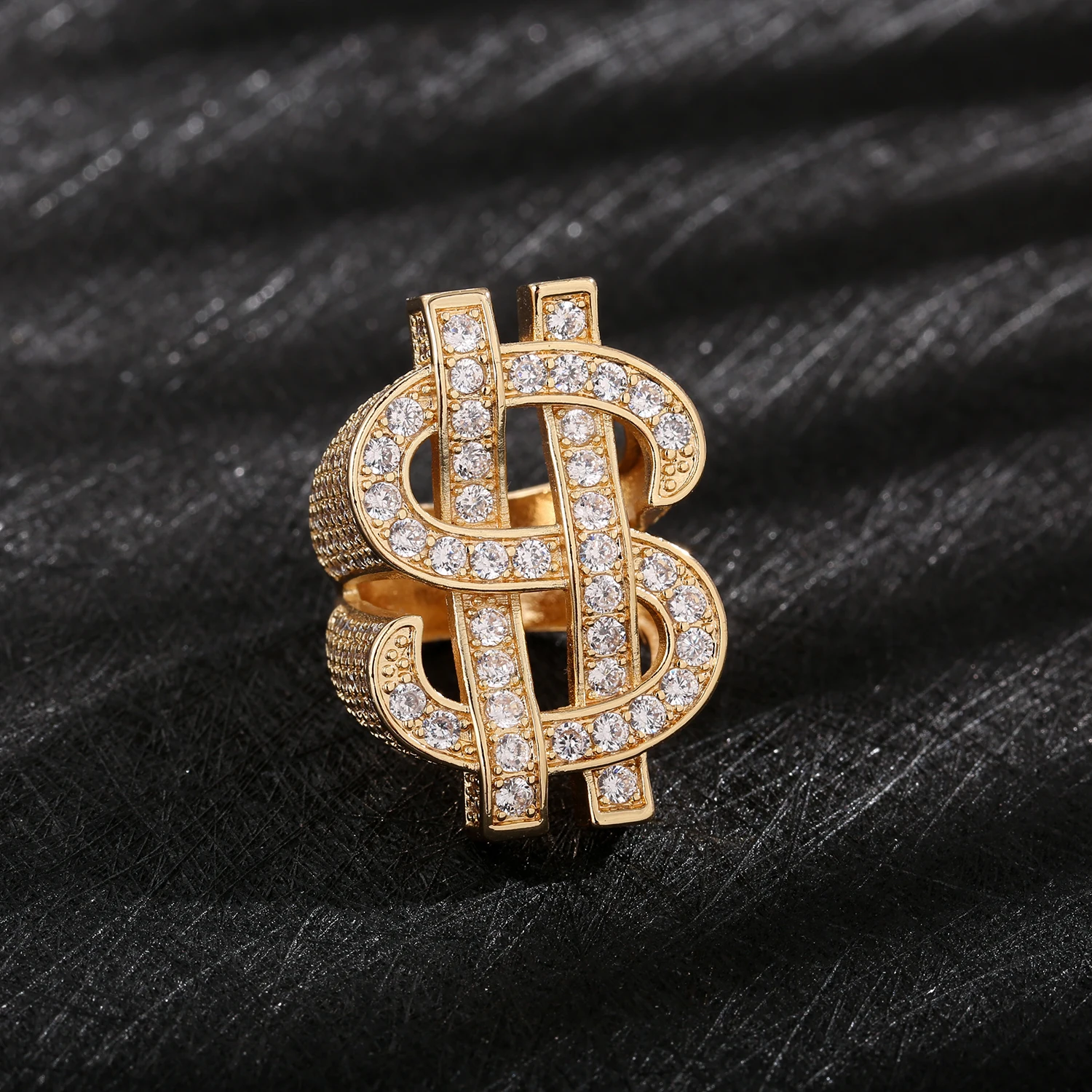 Popular Hollow Out US Dollar Sign Ring Fashion Punk Hip Hop Jewelry White Zircon Micro Paved Ring Club Party Gift