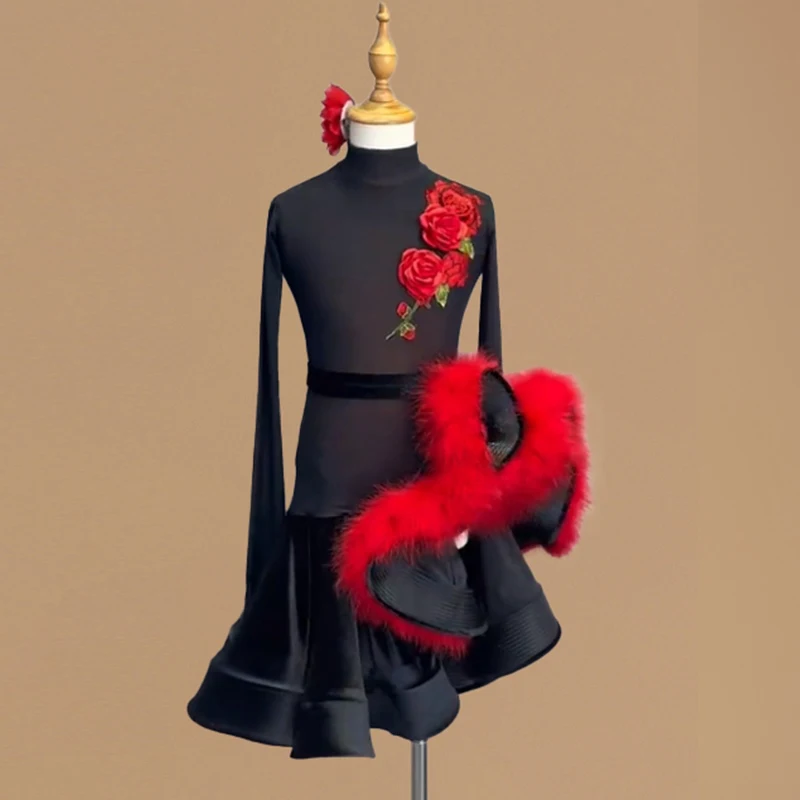 High End Red Feather Rose Flowers Latin Dance Competition Dress Long Sleeves Black Fishbone Girls Women Rumba Dance Dress L18005
