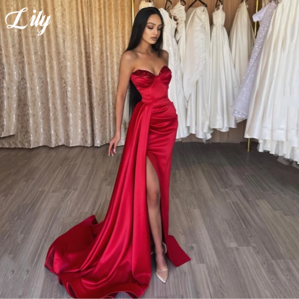 

Lily Red Sexy Prom Dresses Shiny Sequins Sweetheart Prom Gown Satin Off-shoulder Side Split Party Dresses حزب فساتين Customized