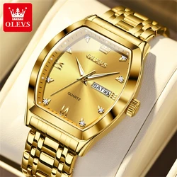 OLEVS Top Brand Luxury Men's Quartz Watches Barrel Shaped Stainless Strap Waterproof Week Display Business Gold Watch for Men