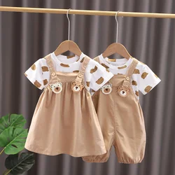 New Summer Baby Girls Boys Clothing Toddler Fashion Infant Children Bear Clothes Suits Solid T Shirt Overalls Pants 2Pcs/Set