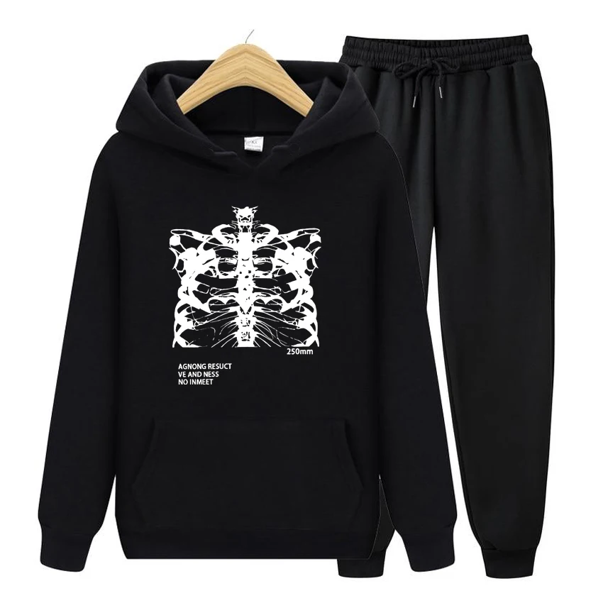 Women Hoodie Set Streetwear Blsack Tops Skeleton Print Grunge Gothic Oversized Hoodie Set Streetwear Women's Sweatsht Set