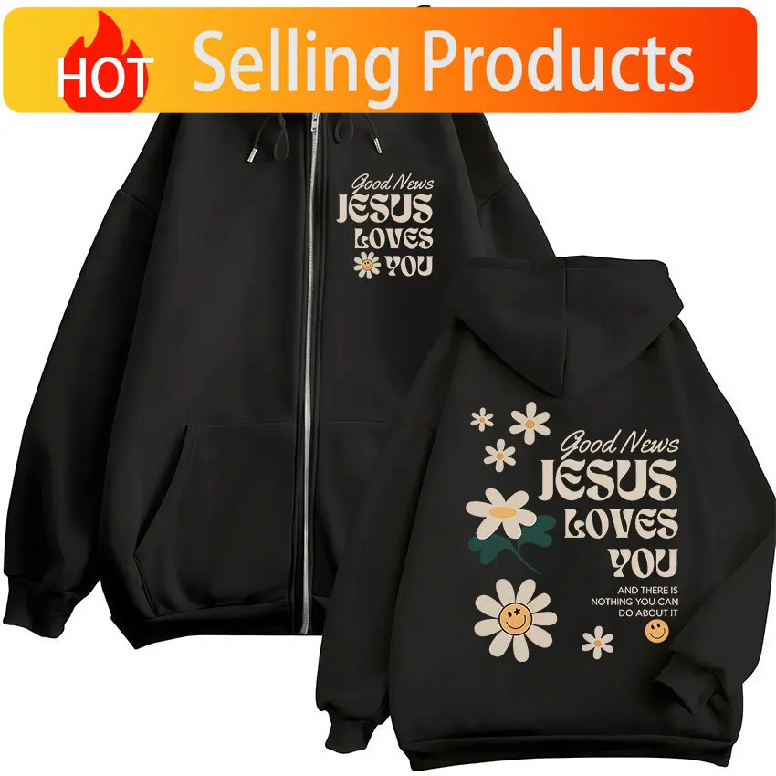 Bonne nouvelle, Jésus t'aime – Sweat à capuche zippé chrétien pour hommes et femmes – Vêtements tendance – Sweat-shirt zippé oversize – Veste pull