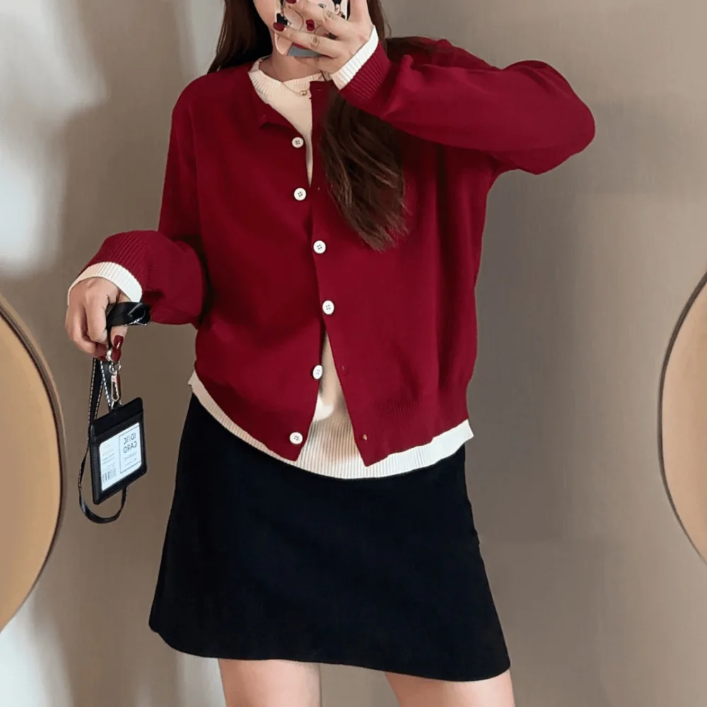 Loose Fake Two-piece Knitted  Cardigan Women\'s Red Sweater Long Sleeved Tops