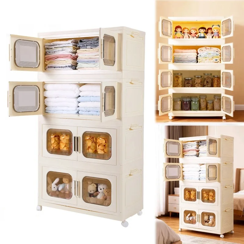 

Stackable Storage Container Wardrobe Organizer and Pantry 4 Pack Foldable Storage Box with Wheels and Magnetic Doors