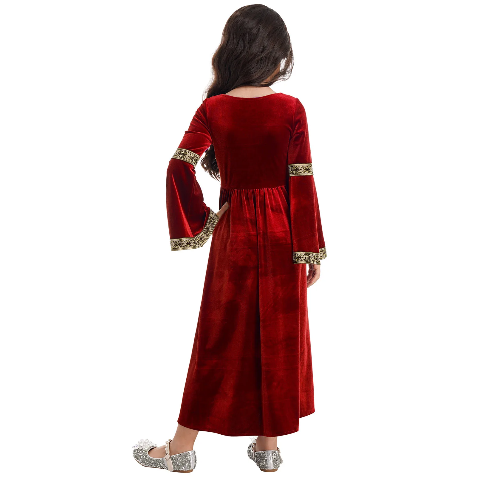 Girls Medieval Princess Costume Gothic Vintage Renaissance Dress Velvet Long Flare Sleeve Gown Halloween Carnival Party Dress Up