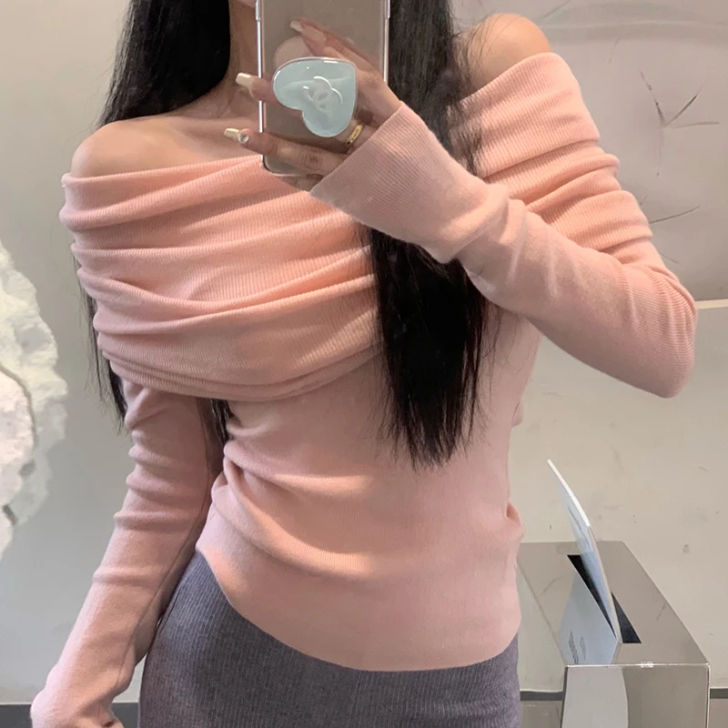 

ITOOLIN Women Knitted Long Sleeve Sweater Off Shoulder Slash Neck Slim Sweater Solid Office Pullovers Women Autumn Winter